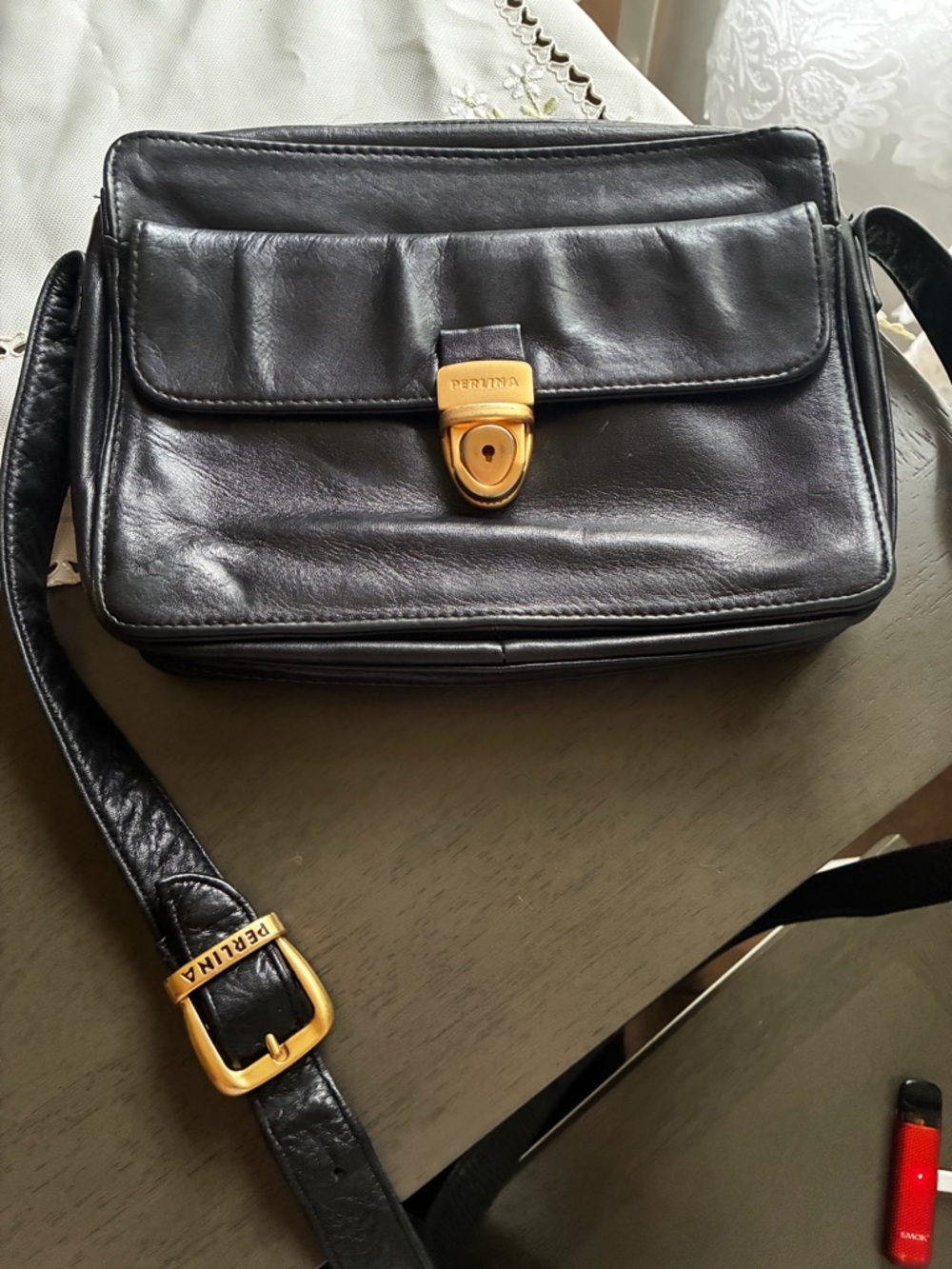 Vintage Perlina Black Leather Crossbody Bag | Gold Hardware | Classic Flap